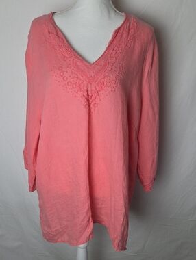 Saint Tropez West Women's Coral Embroidered V-Neck Tunic Top Linen Sz 3X